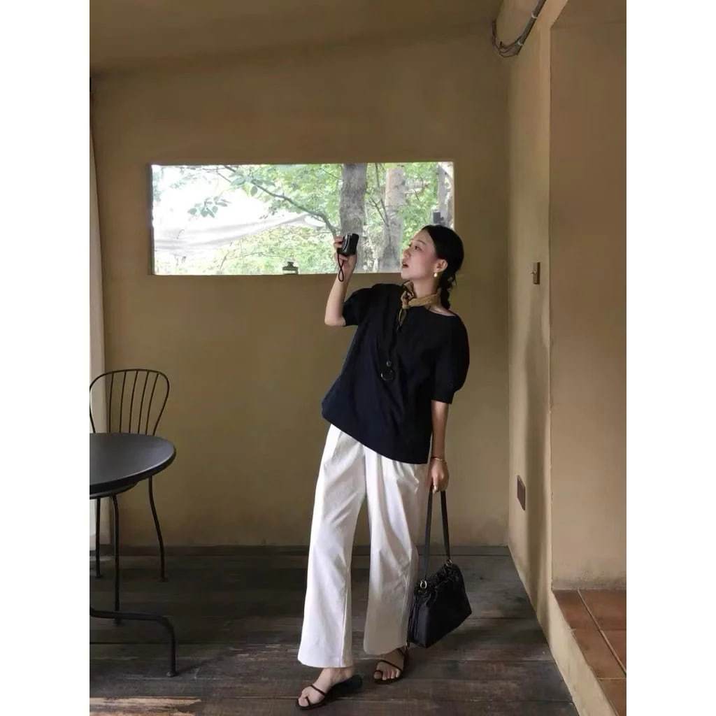 𝗟𝘆𝗻 - | BEELY| Áo Linen cổ thuyền tay phồng