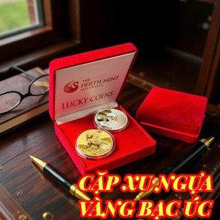 Quà tặng khách hàng Tết 2026 : Cặp Tiền Xu Con Ngựa Vàng Và Bạc Úc - tặng hộp nhung đỏ - Quà Tết 2026