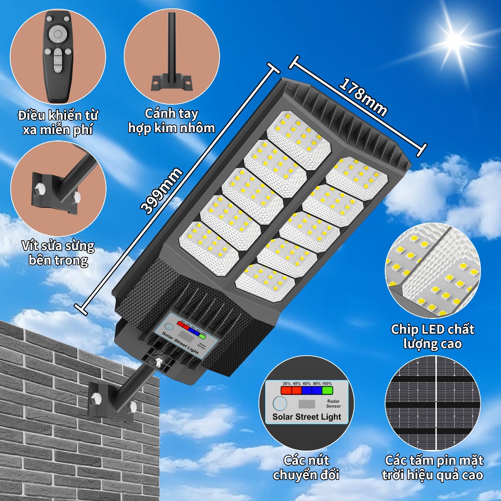 Đèn năng lượng mặt trời 5000W đèn sân vườn Tuổi thọ pin lâu dài Nạp điện nhanh chóng Chống thấm ngoài trờ