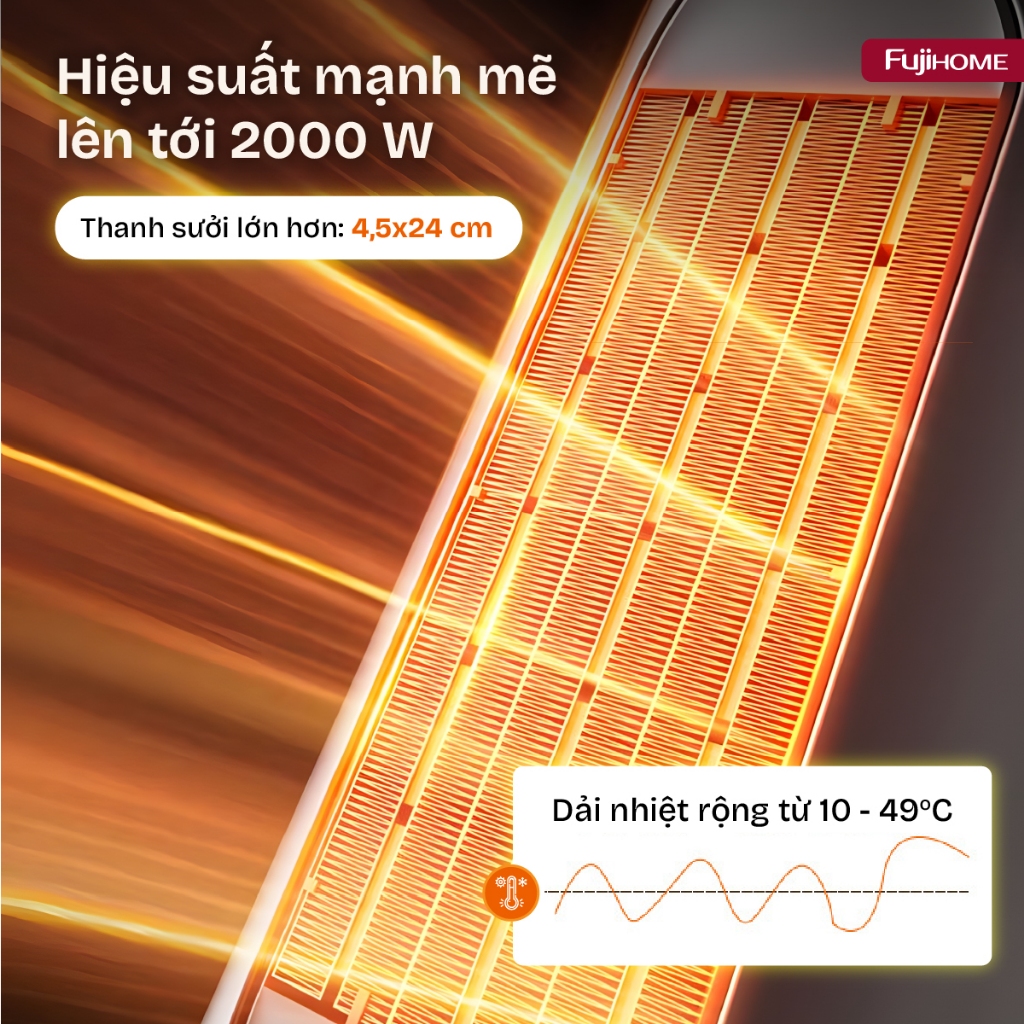 Máy Sưởi Gốm Fujihome FH1950 Nhập Khẩu, Quạt Sưởi PTC Thông Minh Điều Khiển Cảm Ứng Hẹn Giờ Hiệu Ứng Ánh Lửa An Toàn