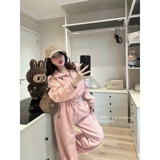 Set Bộ Đồ Nữ Len Tăm Lông Thỏ Thêu NGựa Áo Dài Tay Cổ Khóa Lửng Chun Gấu Mix Quần Suông Dài Dây Rút Gấu Ống Rộng