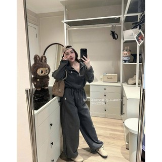 Set Bộ Đồ Nữ Len Tăm Lông Thỏ Thêu NGựa Áo Dài Tay Cổ Khóa Lửng Chun Gấu Mix Quần Suông Dài Dây Rút Gấu Ống Rộng