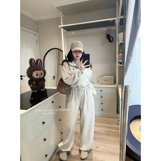 Set Bộ Đồ Nữ Len Tăm Lông Thỏ Thêu NGựa Áo Dài Tay Cổ Khóa Lửng Chun Gấu Mix Quần Suông Dài Dây Rút Gấu Ống Rộng