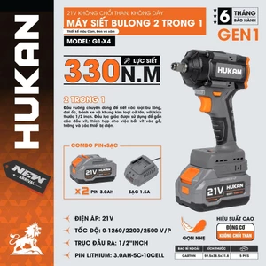 Máy siết mở ốc pin HUKAN G1-X4, Lực siết 330Nm, Đầu rỗng đa năng 2in1 mở óc - vặn vít