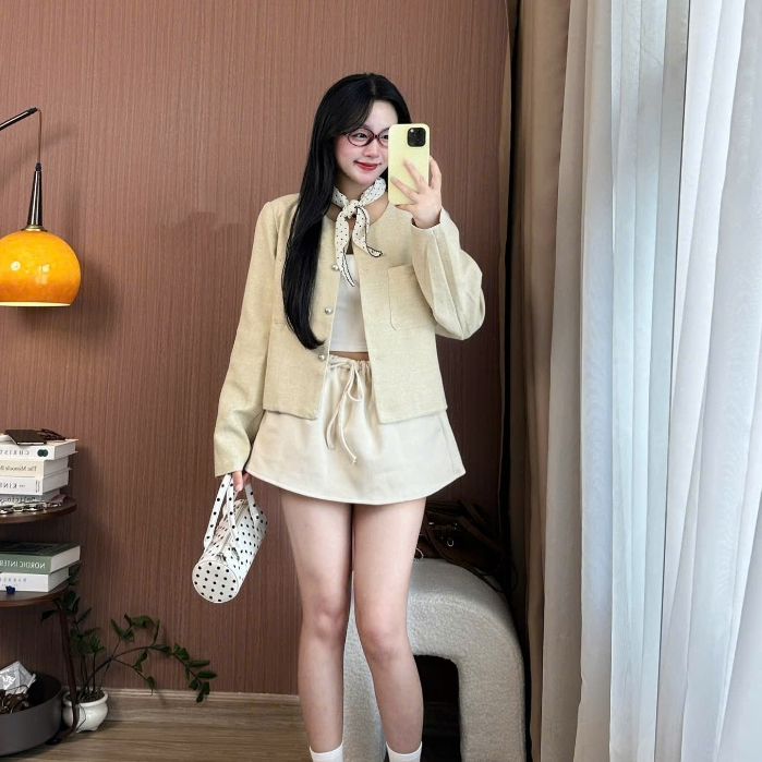 Áo Khoác Tweed Nữ Cổ Tròn Cúc Bạc Túi Vuông Style Hàn Quốc Mặc Thu Đông Form Đẹp Joolate 3532 P2K7