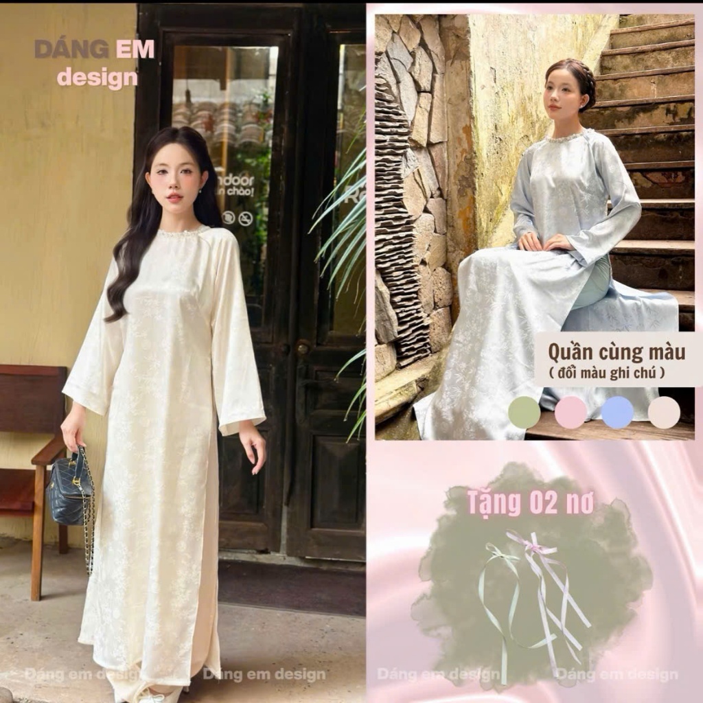 Áo dài Trúc Em, Áo dài tết cách tân dáng xuông tay loe cách điệu cổ tròn đính ngọc, thích hợp đi lễ, dạm ngõ cô dâu