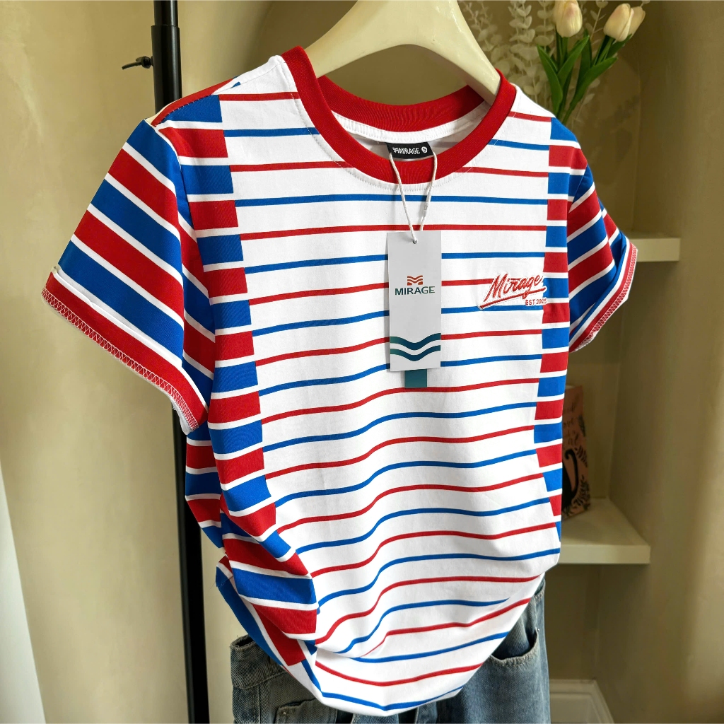 Áo Thun Mirage Họa Tiết Sọc Màu Xanh Đỏ Local Brand Chất 100% Cotton Mềm Mịn Thoáng Mát.