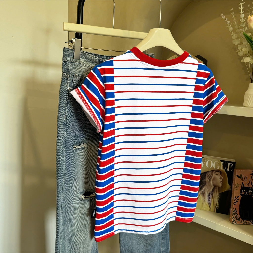 Áo Thun Mirage Họa Tiết Sọc Màu Xanh Đỏ Local Brand Chất 100% Cotton Mềm Mịn Thoáng Mát.
