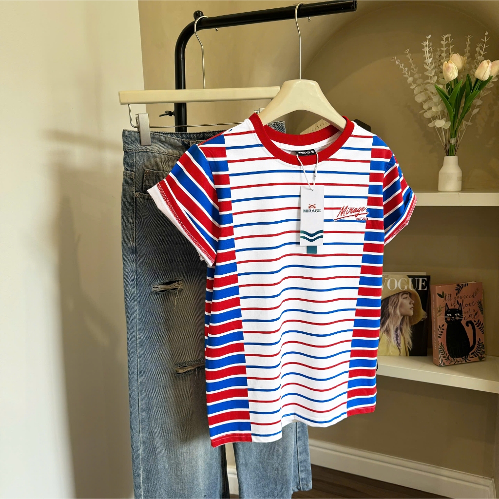Áo Thun Mirage Họa Tiết Sọc Màu Xanh Đỏ Local Brand Chất 100% Cotton Mềm Mịn Thoáng Mát.