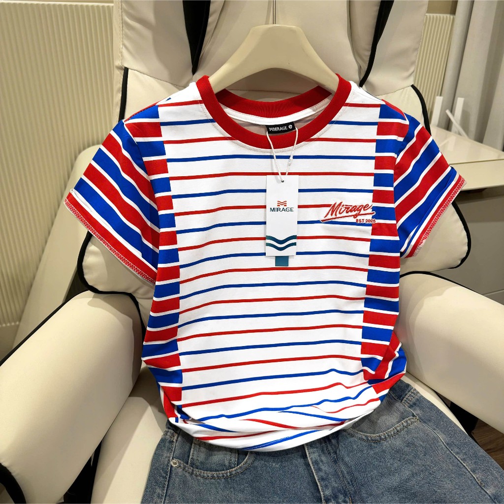 Áo Thun Mirage Họa Tiết Sọc Màu Xanh Đỏ Local Brand Chất 100% Cotton Mềm Mịn Thoáng Mát.