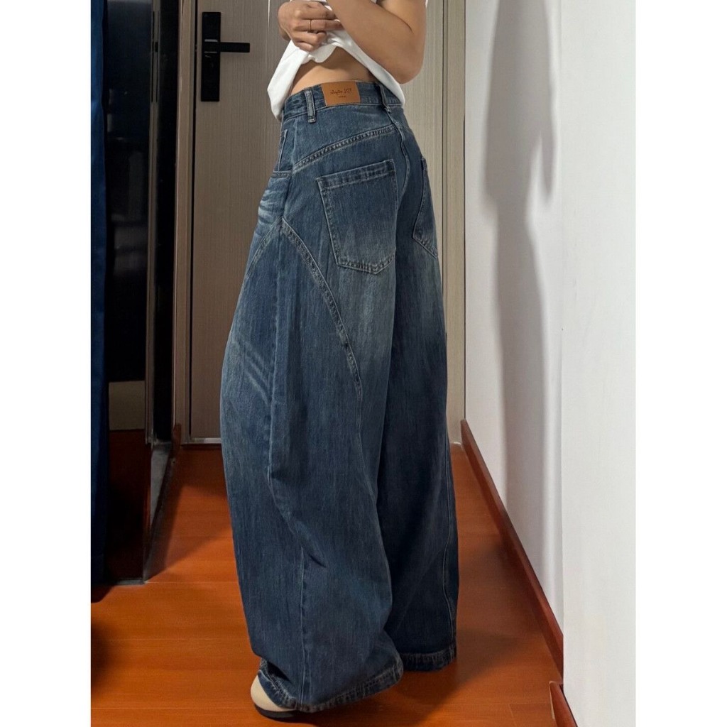(sẵn)Quần jean ống rộng unisex màu xanh đậm retro dáng cong wash trắng QJ015 - Tiktik