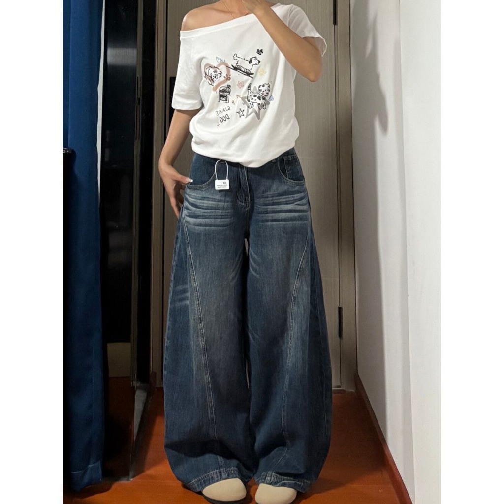 (sẵn)Quần jean ống rộng unisex màu xanh đậm retro dáng cong wash trắng QJ015 - Tiktik