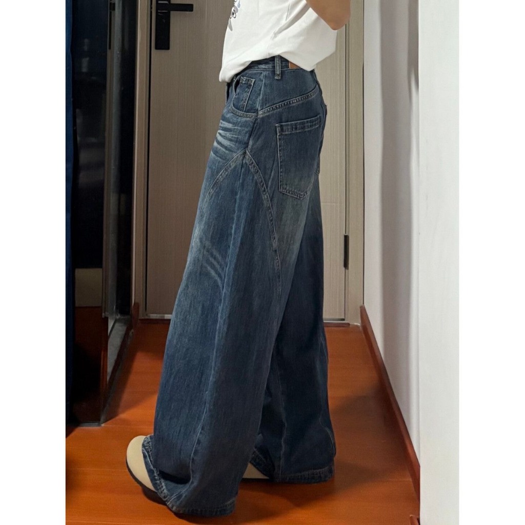 (sẵn)Quần jean ống rộng unisex màu xanh đậm retro dáng cong wash trắng QJ015 - Tiktik