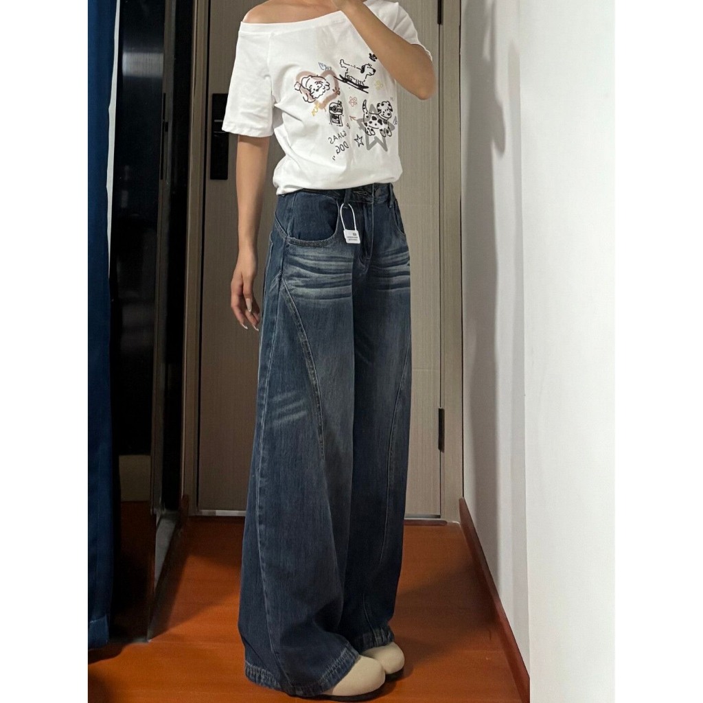 (sẵn)Quần jean ống rộng unisex màu xanh đậm retro dáng cong wash trắng QJ015 - Tiktik