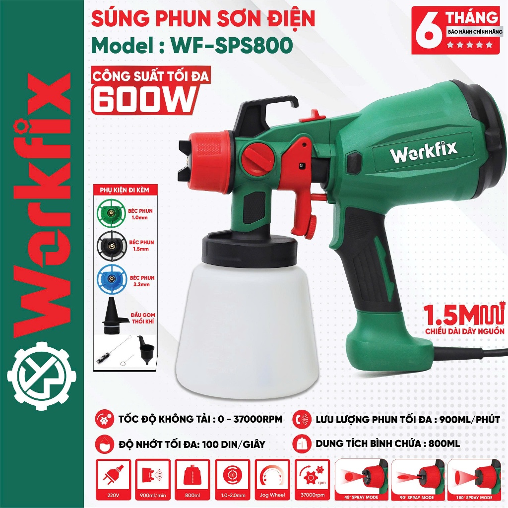 [NEW] Máy Phun Sơn điện Workfix 800ml WF-SPS800, Phun Sơn 600W Cực Mượt, Tặng 3 Béc Phun 1.0/ 1.5/ 2.2 mm