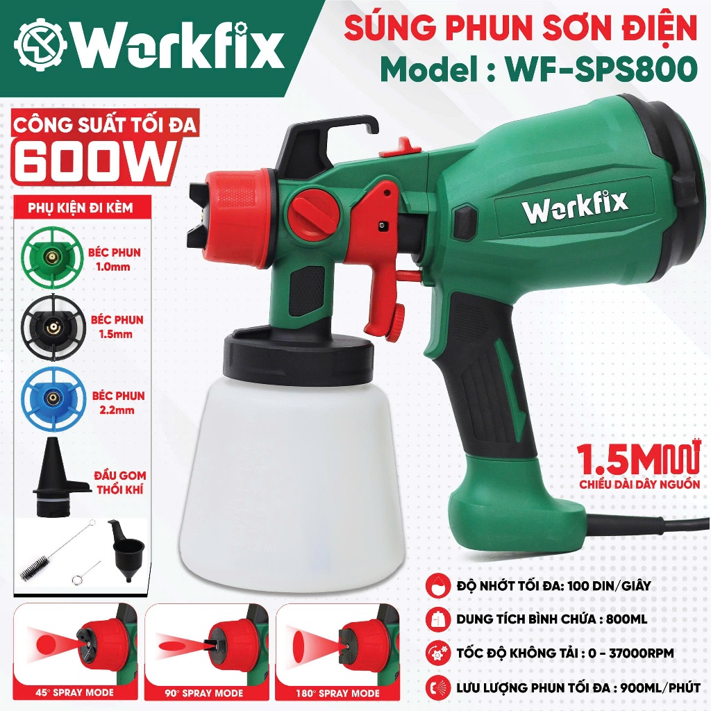 [NEW] Máy Phun Sơn điện Workfix 800ml WF-SPS800, Phun Sơn 600W Cực Mượt, Tặng 3 Béc Phun 1.0/ 1.5/ 2.2 mm