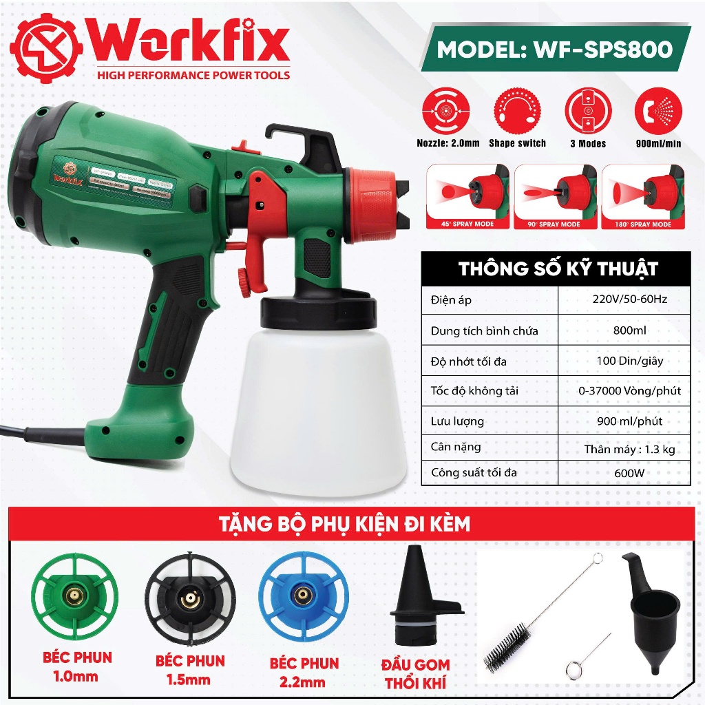[NEW] Máy Phun Sơn điện Workfix 800ml WF-SPS800, Phun Sơn 600W Cực Mượt, Tặng 3 Béc Phun 1.0/ 1.5/ 2.2 mm