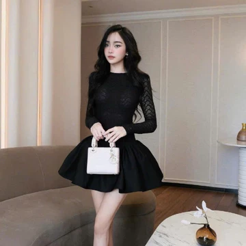 Váy ren nữ dài tay cổ tròn chân váy bồng xòe dáng dáng ngắn, váy nữ dài tay thiết kế cao cấp LuciK Shop DV0029