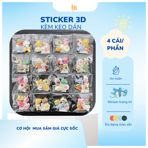 Sticker 3D ( 5 cái/bịch) có keo dán sẵn dán Mọi Vật Dụng Bình Nước Sách ...