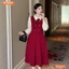 Đầm thiết kế BEMINE cổ đức dáng chữ A tay dài phối voan có cúc phù hợp đi làm, đi chơi-MT9924