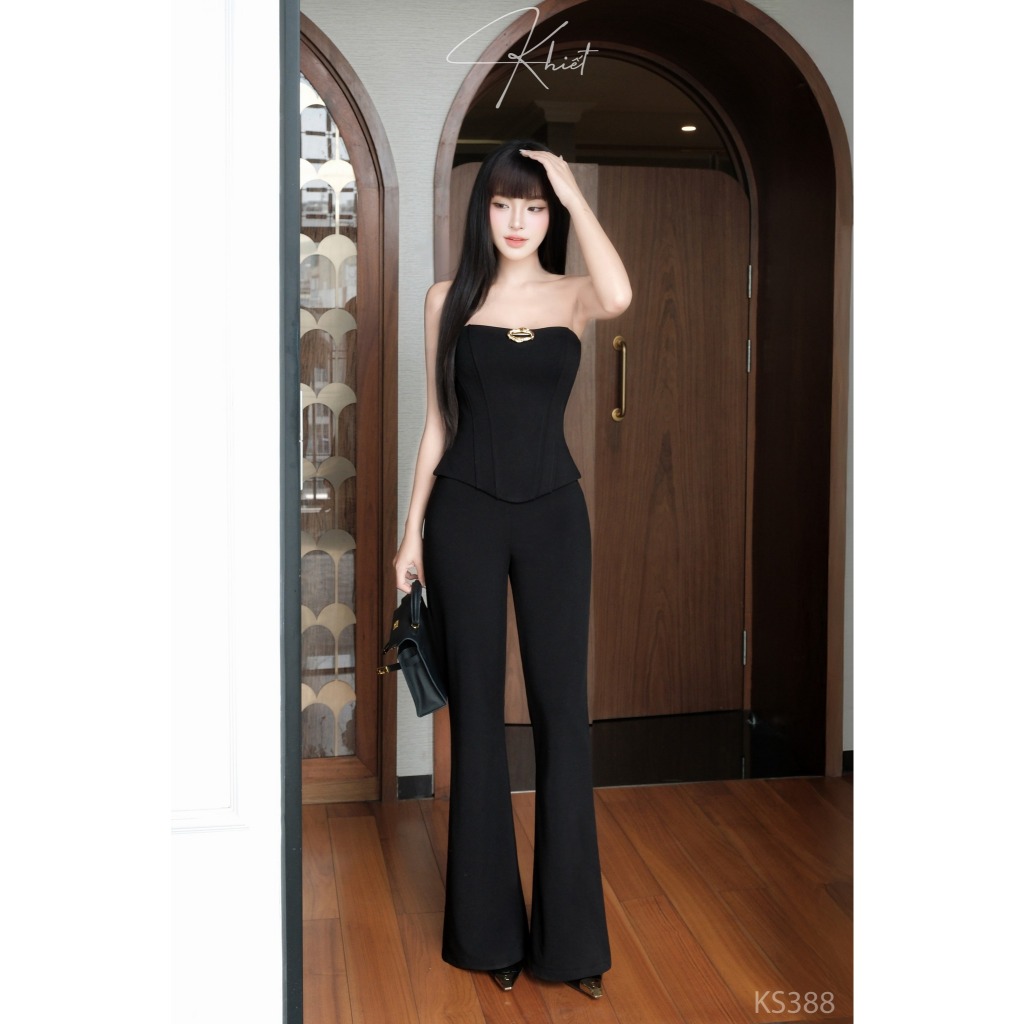 Set áo quây Khiết form corset phối khoen vàng quyến rũ & quần suông ống loe tôn dáng phong cách hiện đại KS388 KS388A
