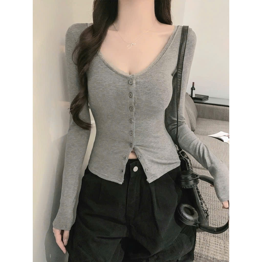 Áo Thun Kiểu Nữ Dài Tay Cổ Chữ V Phối Ren ESHOP Áo Thun Nữ Chất Thun Tăm Mềm Mịn Dễ Phối Đồ Bigsize 45-85kg MS538