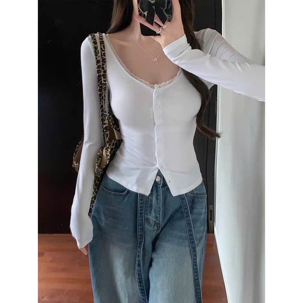 Áo Thun Kiểu Nữ Dài Tay Cổ Chữ V Phối Ren ESHOP Áo Thun Nữ Chất Thun Tăm Mềm Mịn Dễ Phối Đồ Bigsize 45-85kg MS538
