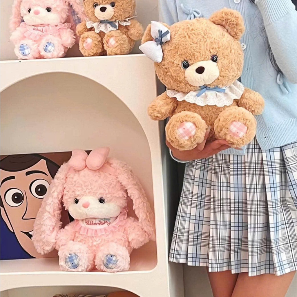 Gấu Bông Thỏ Hồng Và Gấu Nâu Lông Xù Mắt Sao Đeo Yếm Đáng Yêu Quà Tặng Bạn Gái, Trẻ Em Dịp Sinh Nhật,Ngày Lễ