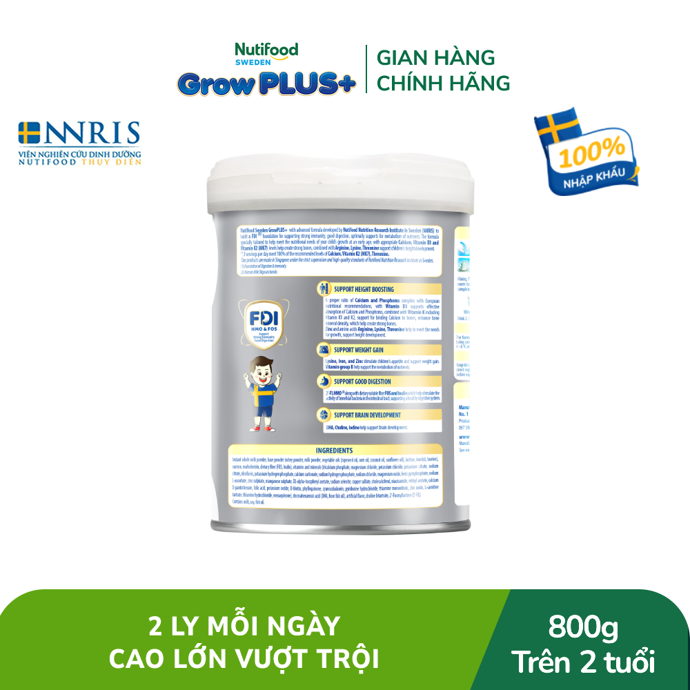 Combo 2 Sữa Bột Nutifood Sweden GrowPLUS+ Cao lớn vượt trội trên 2 tuổi (Bạc) 800g