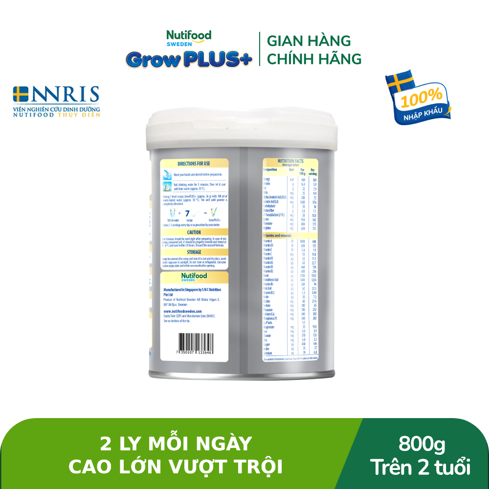 Combo 2 Sữa Bột Nutifood Sweden GrowPLUS+ Cao lớn vượt trội trên 2 tuổi (Bạc) 800g