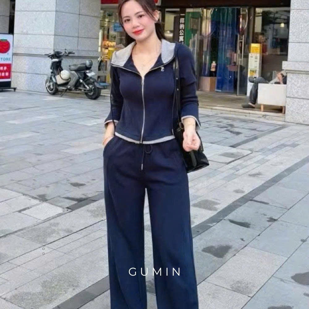 Set bộ nỉ nữ GUMIN thiết kế áo khoác có mũ thêu mèo kèm quần suông dài, set bộ nỉ thể thao thanh lịch sang trọng
