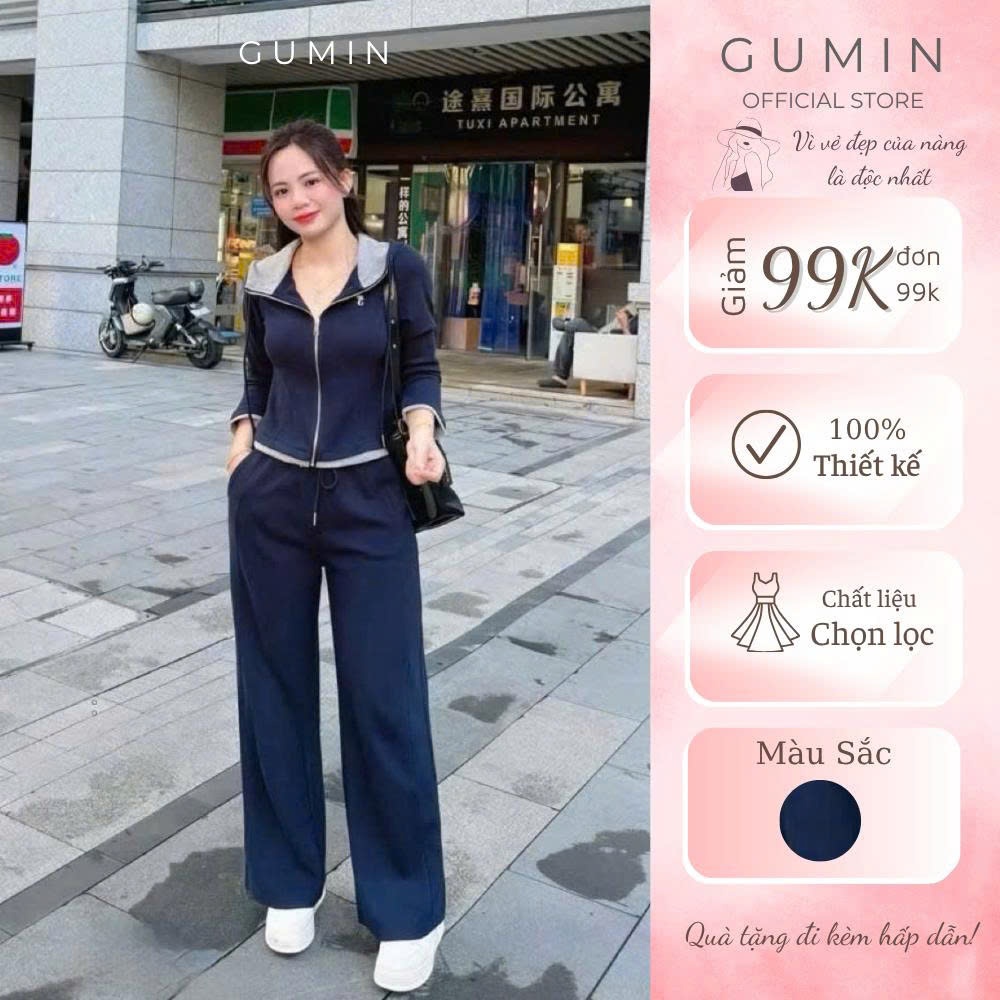 Set bộ nỉ nữ GUMIN thiết kế áo khoác có mũ thêu mèo kèm quần suông dài, set bộ nỉ thể thao thanh lịch sang trọng