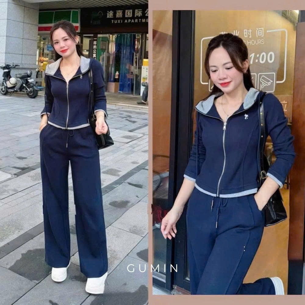 Set bộ nỉ nữ GUMIN thiết kế áo khoác có mũ thêu mèo kèm quần suông dài, set bộ nỉ thể thao thanh lịch sang trọng
