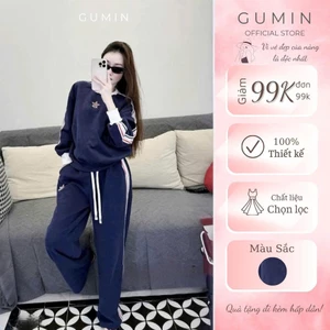 Set bộ đồ nỉ GUMIN thiết kế áo phối sọc viền trắng đỏ nổi bật kèm họa tiết thêu sao, set bộ đồ nữ thu đông dày dặn cao c