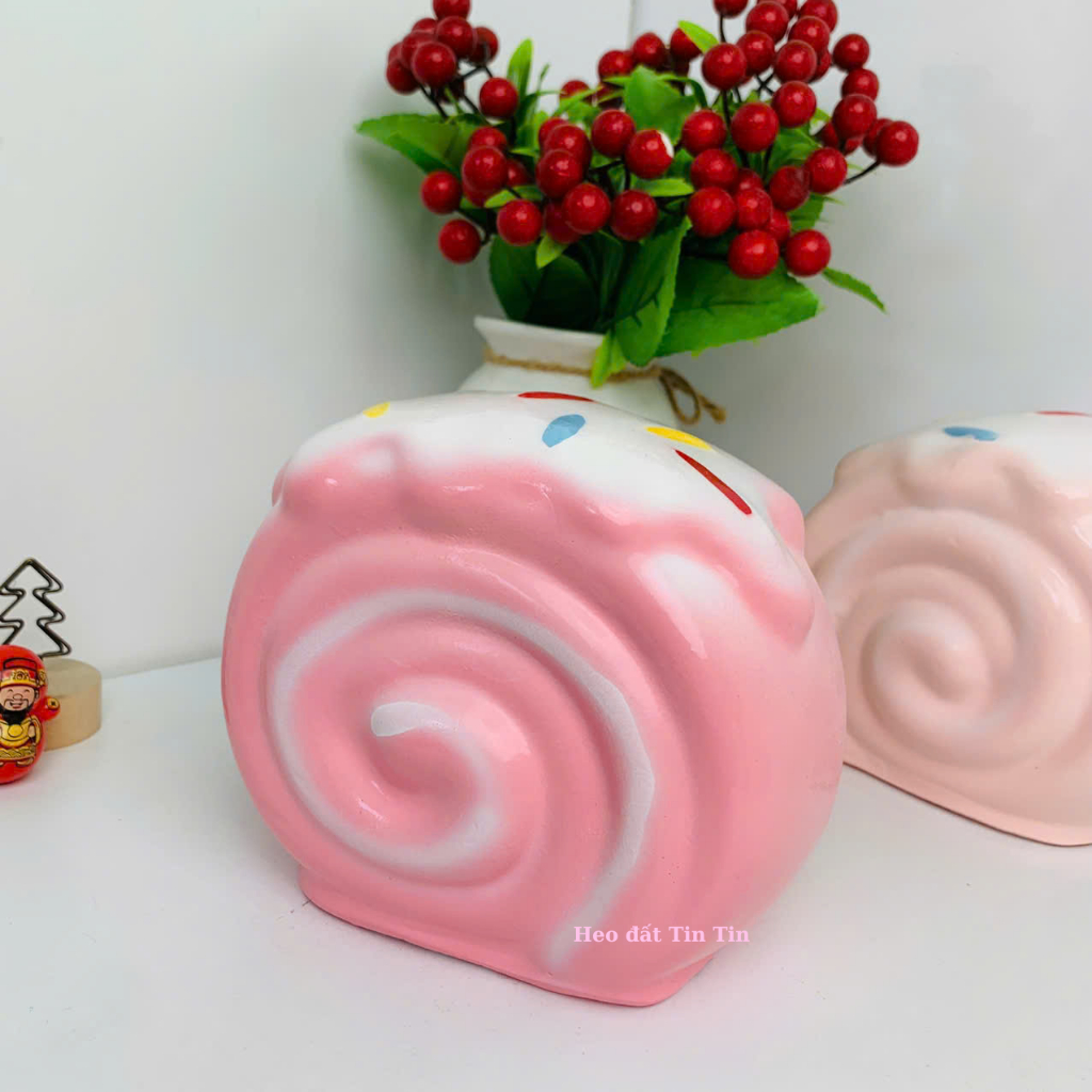 Heo đất tiết kiệm lỗ tròn Bánh Cuộn Kem cute C12xD14XR10-ống tiết kiệm quà tặng, trang trí