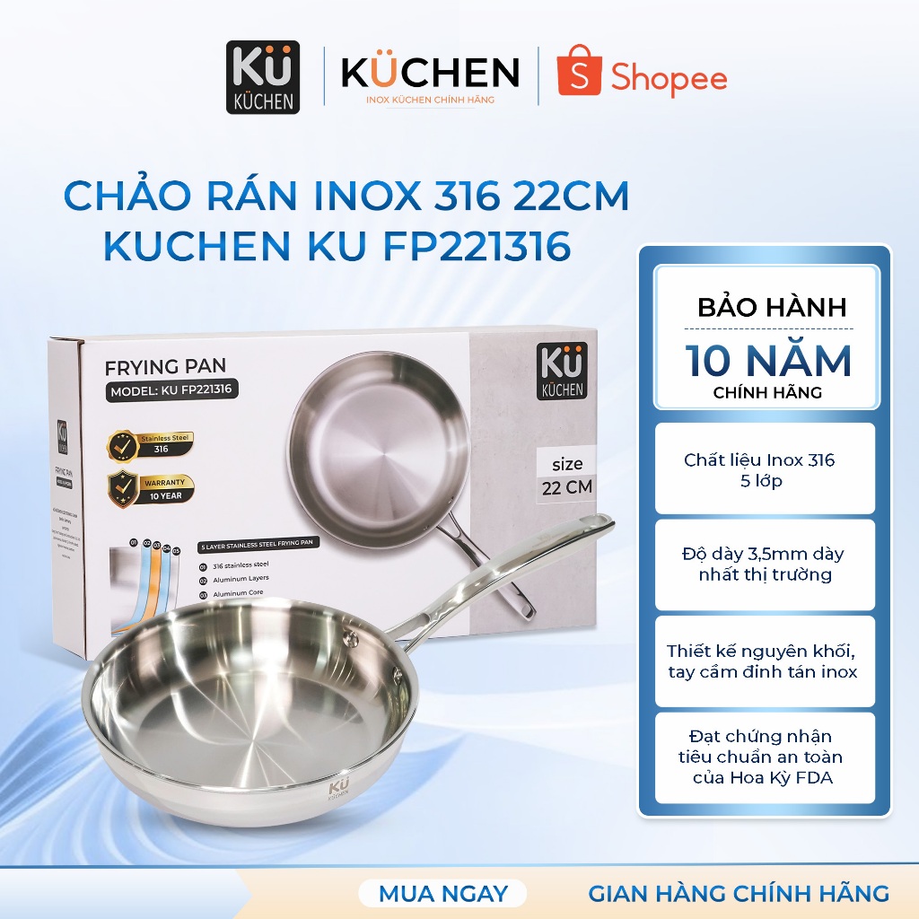 Chảo Rán Inox 316 Ku Kuchen FP221316 Nguyên Khối 5 Lớp | Chống Dính Tự ...