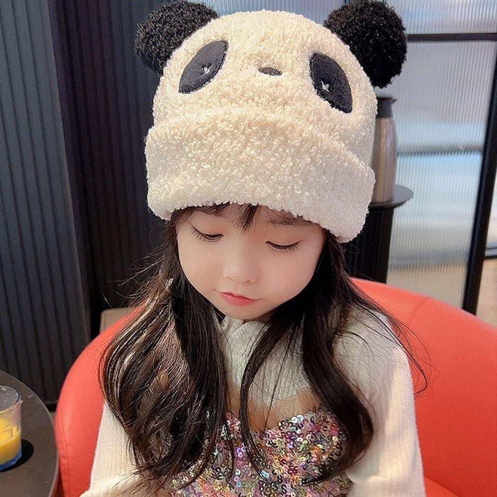 Mũ tai gấu trúc dễ thương thu đông, Mũ dệt kim mềm mại ấm áp chống gió cho trẻ em