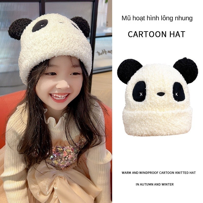 Mũ tai gấu trúc dễ thương thu đông, Mũ dệt kim mềm mại ấm áp chống gió cho trẻ em