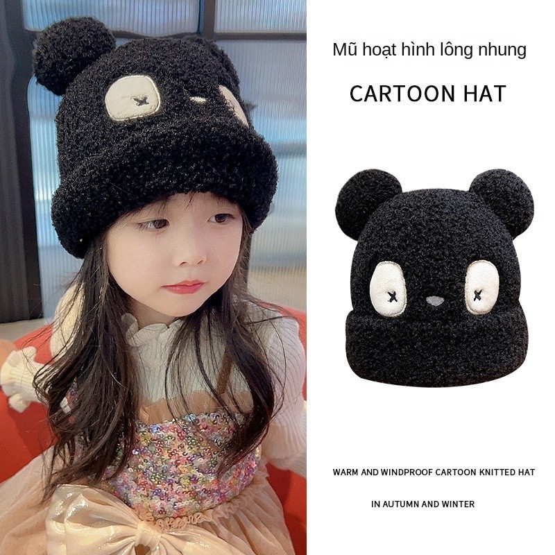 Mũ tai gấu trúc dễ thương thu đông, Mũ dệt kim mềm mại ấm áp chống gió cho trẻ em