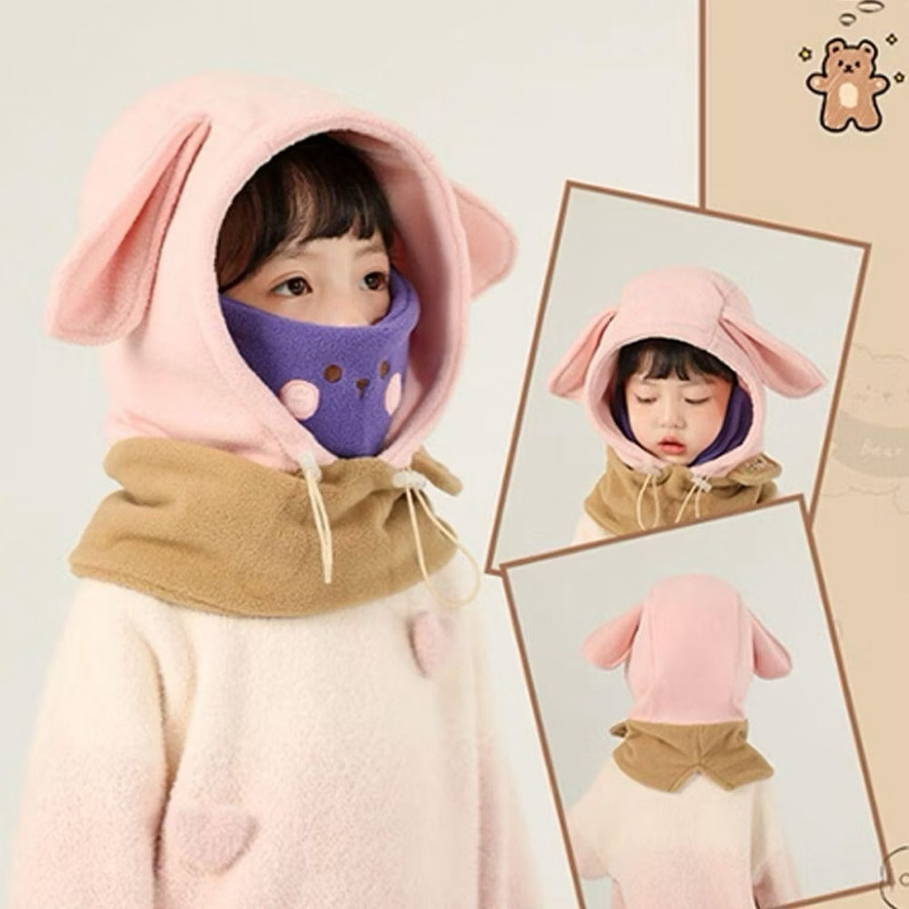 Mũ trùm đầu “happy” giữ ấm cho bé hình thú - Nón chìang cổ kèm khẩu trang lông mềm