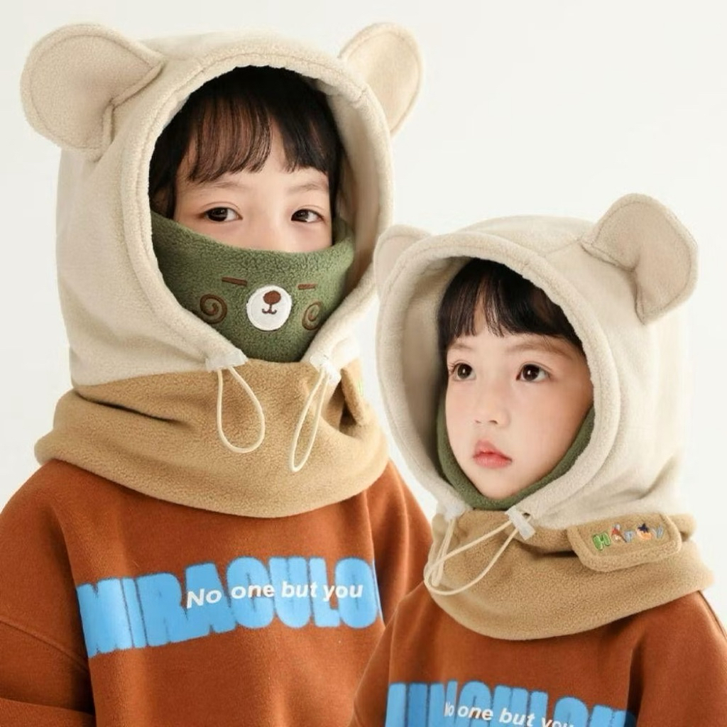 Mũ trùm đầu “happy” giữ ấm cho bé hình thú - Nón chìang cổ kèm khẩu trang lông mềm