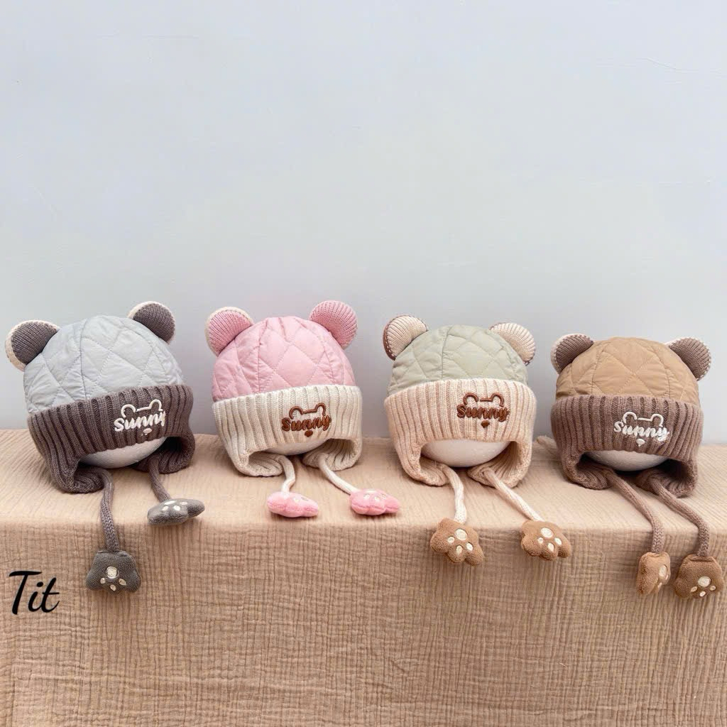 Mũ len SUNNY hình gấu cho bé - Mũ phao nỉ bịt tai có dây buộc