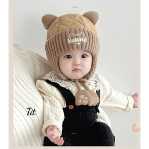 Mũ len SUNNY hình gấu cho bé - Mũ phao nỉ bịt tai có dây buộc
