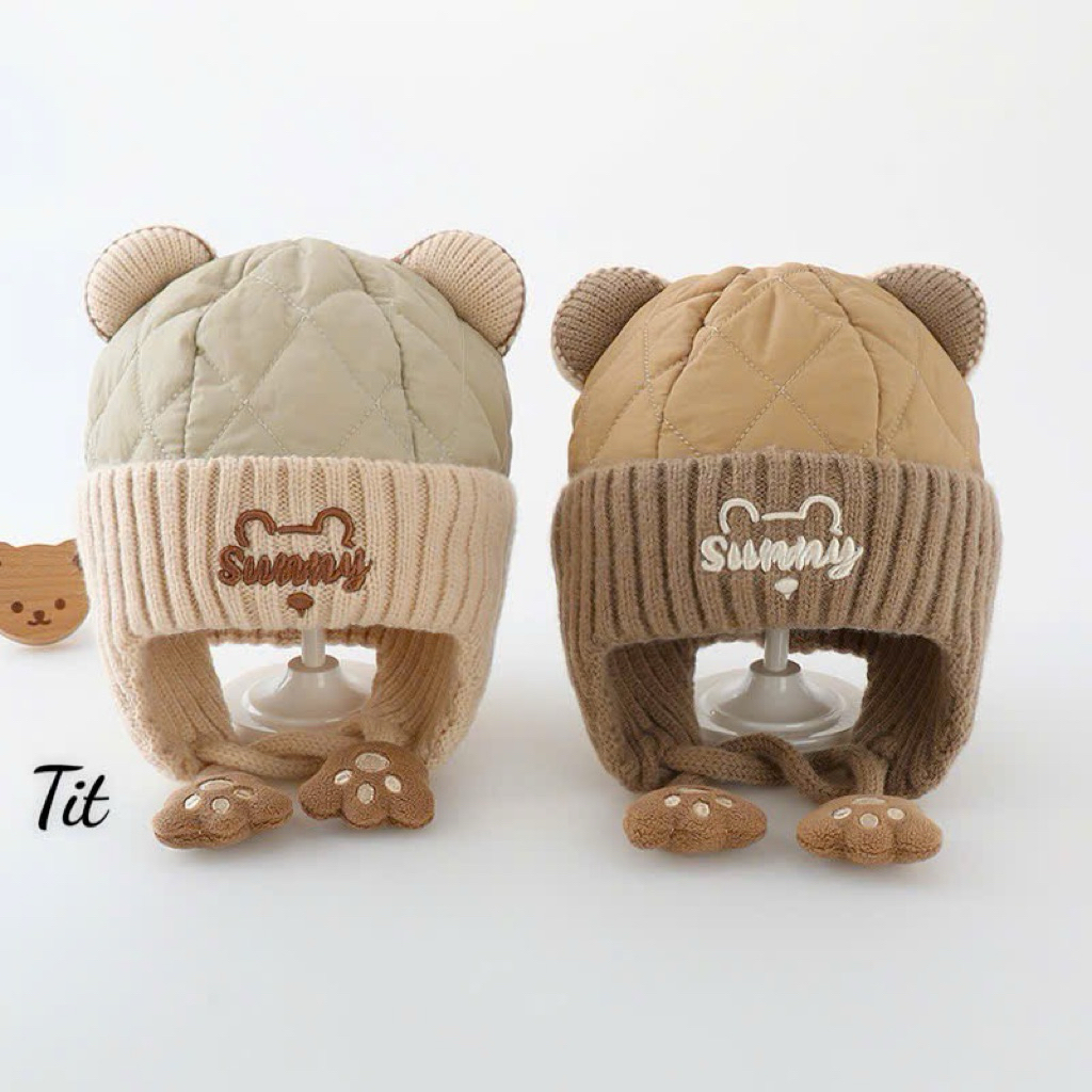 Mũ len SUNNY hình gấu cho bé - Mũ phao nỉ bịt tai có dây buộc