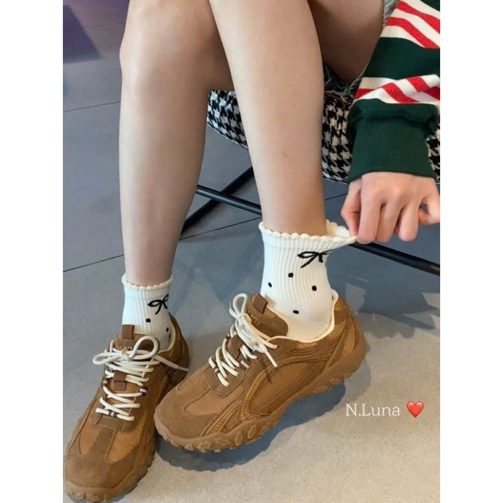 Set 10 đôi tất nữ cổ cao người lớn co giãn 4 chiều vớ viền bèo xinh xắn họa tiết chấm bi nơ