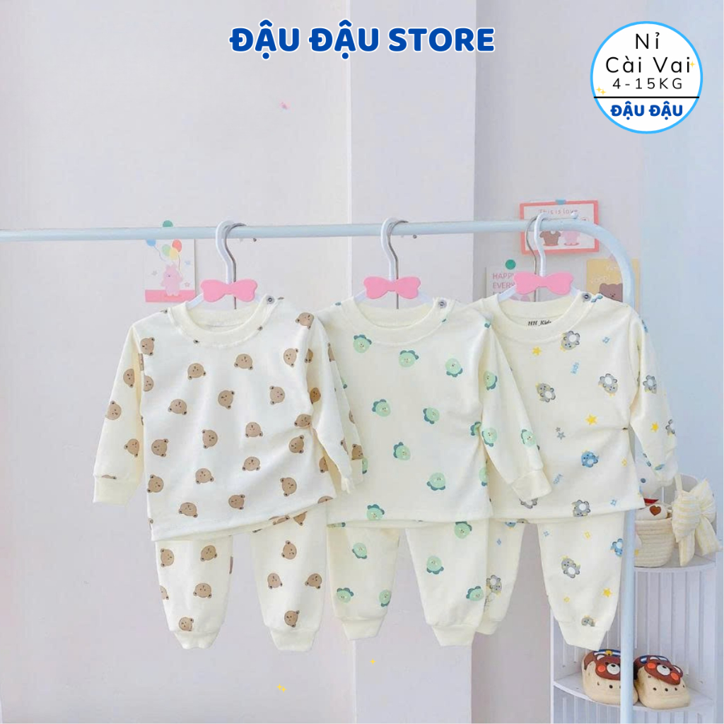 [Bộ Nỉ Cài Vai] Set 3/5 Bộ Quần Áo Dài Tay Thu Đông Nỉ Cotton In hoạ tiết mềm mịn cho bé 5-15kg NC07 Đậu Đậu Store