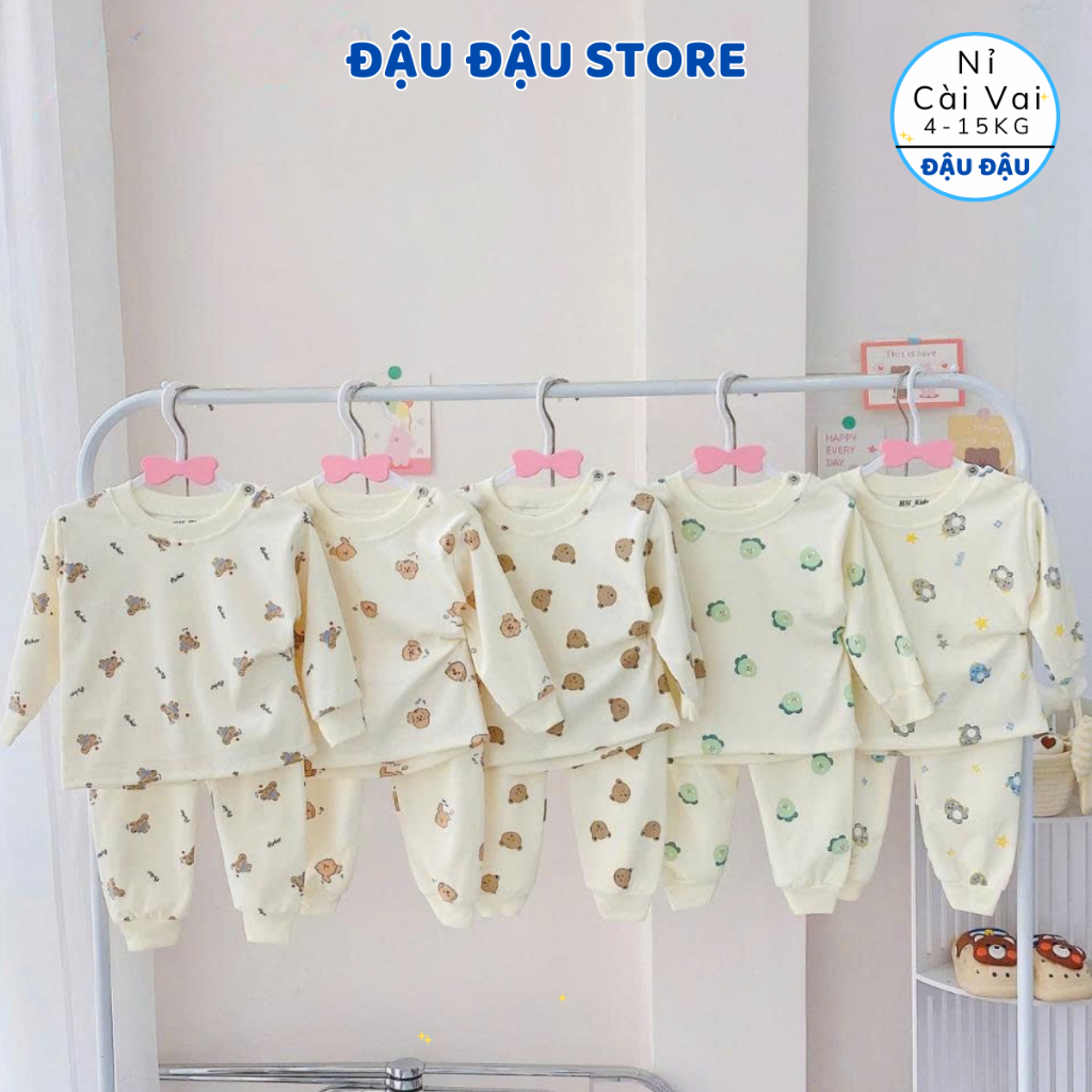 [Bộ Nỉ Cài Vai] Set 3/5 Bộ Quần Áo Dài Tay Thu Đông Nỉ Cotton In hoạ tiết mềm mịn cho bé 5-15kg NC07 Đậu Đậu Store