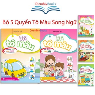 Sách- Bộ 5 Quyển Tập Tô Màu Cho Bé Mẫu Giáo Mầm Non Song Ngữ Anh Việt Các Chủ Đề Bìa Cán Bóng Từ 3-5 Tuổi
