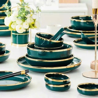 Lẻ | Bộ bát đĩa sứ cao cấp XANH VIỀN VÀNG phong cách Bắc Âu 4,6,10, HOME DECOR, QUÀ TẶNG GỐM SỨ