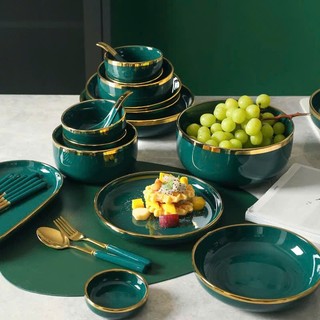Lẻ | Bộ bát đĩa sứ cao cấp XANH VIỀN VÀNG phong cách Bắc Âu 4,6,10, HOME DECOR, QUÀ TẶNG GỐM SỨ